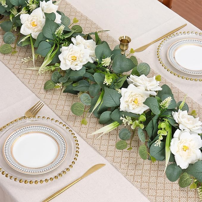 4PCS Flower Garland 6.2FT Artificial Rose Flowers Garland Wall Vines Greenery White Roses Eucalyptus Garlands for Wedding Table Runner Arches Backdrop Party Centerpiece Decor (White Rose, 4PCS)