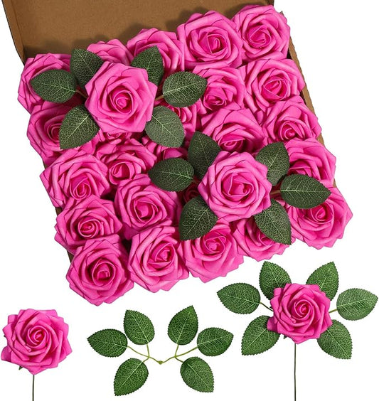DuHouse 25Pcs Artificial Roses Flowers Fake Roses with Stems Real Touch Foam Flowers for DIY Wedding Bouquet Centerpiece Floral Arrangement Party Home Decor (Hot Pink)