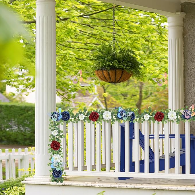 12FT Artificial Eucalyptus Flower Garland with Butterflies - Pack of 2 Fake Rose Faux Greenery Eucalyptus Garlands for Wedding Table Backdrop Centerpieces Decorations - Navy Blue & Burgundy& White
