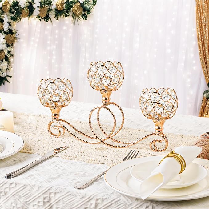 Gold 3 Arm Metal Crystal Tea Light Candle Holder, Elegant Wedding Table Centerpiece Candleholder, Christmas Wishing Crystal Bowl Candle Holder Suitable for Wedding Party Living Room Decoration
