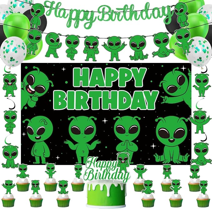 Alien Birthday Party Decorations, Alien Party Supplies Set Including Green Glitter Banner, Hanging Swirls, Latex Balloons, Cake Toppers and Backdrop for Kids Boys Girls Theme Party Decorations