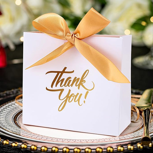 Yoption 50 Pcs Wedding Party Favor Boxes, Small Thank You Gift Bags Boxes with Gold Bow Ribbon Wedding Bridal Shower Birthday Party (White)