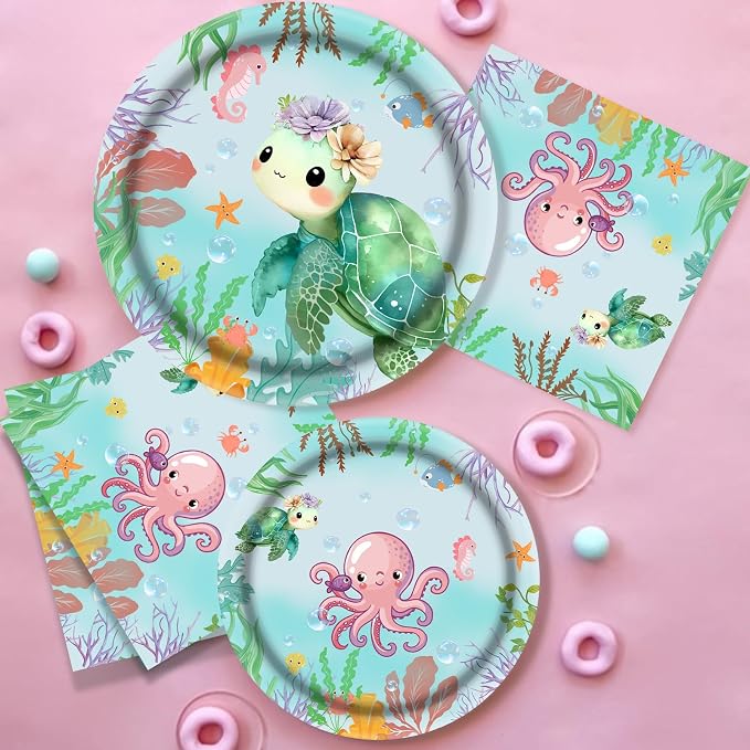 140Pcs Sea Turtle Birthday Decorations Ocean Sea Party Tableware Turtle Plates Napkins with Sea Animal Cups for Under the Sea Baby Shower Turtle Pool Party Supplies