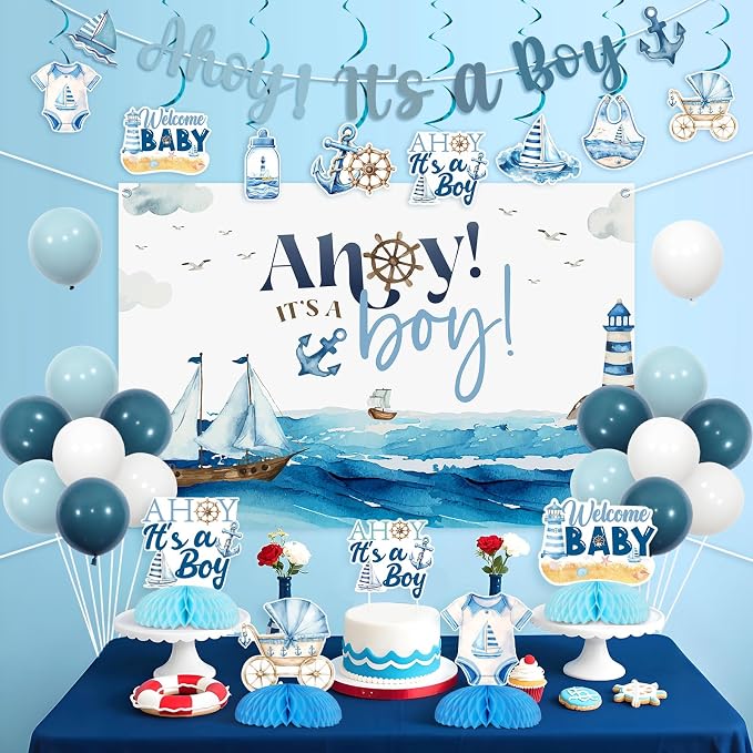 Nautical Baby Shower Decorations Nautical Ahoy It's A Boy Backdrop Banner Ahoy It's A Boy Baby Shower Centerpiece Hanging Swirl Ocean Sailing Sailor Ocean Sailboat Lighthouse Balloon Decor