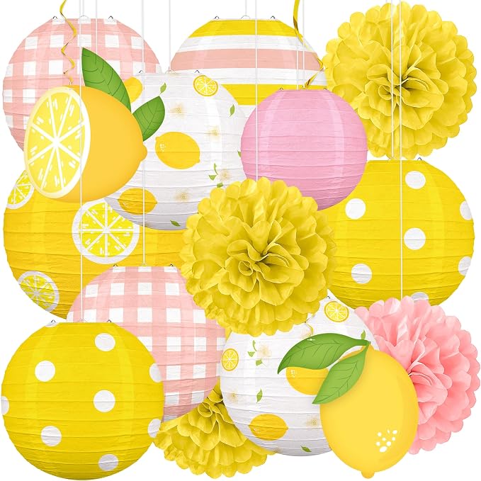 Renbuzhu 15PCS Summer Lemon Party Decorations Paper Lanterns Pom Poms Hanging Swirls Pink and Yellow Theme Lemonade Stand Italian Decor for Birthday Home Backyard Indoor Outdoor