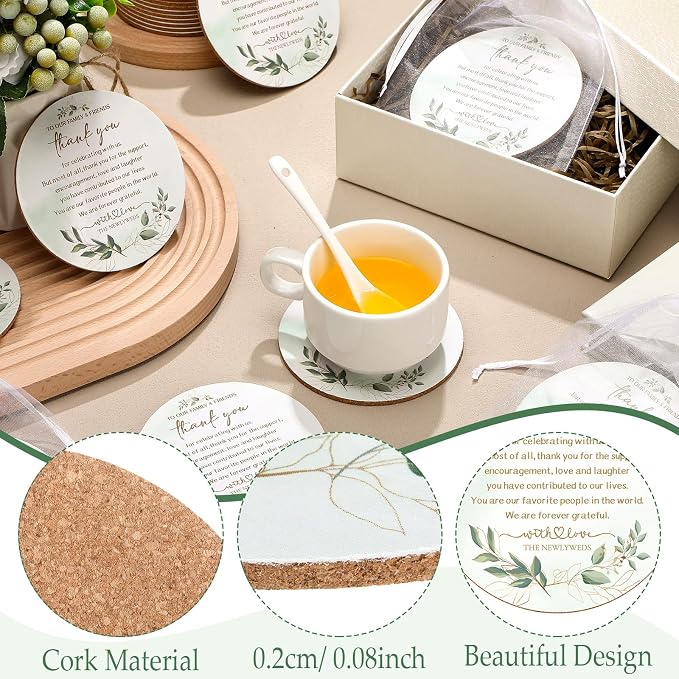 Hushee 200 Pcs Wedding Favors for Guests Bulk Cork Coasters Eucalyptus Leaves Bridal Shower Thank You Gifts Wedding Souvenirs for Guests Thank You for Celebrating with Us Natural Wooden Coasters