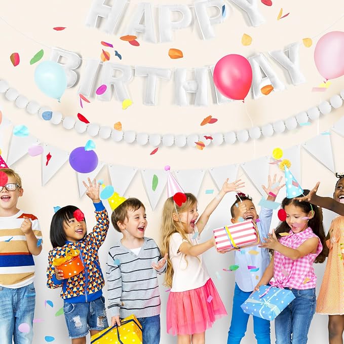 CANREVEL Pre-Strung 3D Rainbow Happy Birthday Banner, 3 PCS Happy Birthday Felt Sign, Pom Pom Garland, Triangle Fabric Bunting, Colorful Reusable Birthday Decorations for Women Men Girls Boys, White