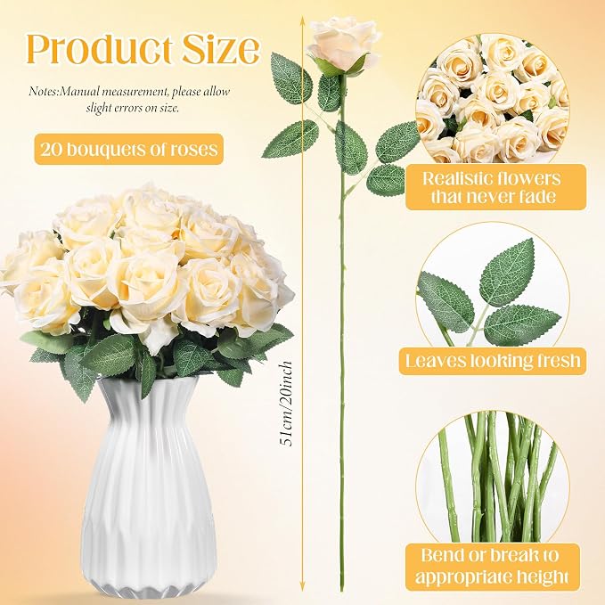 Hotop 20 Pcs Artificial Rose Flowers with Long Stem, Real Lifelike Silk Realistic Plastic Bouquet Roses Bulk for Home Decor Bridal Wedding Party Table Centerpieces Decorations(Champagne)
