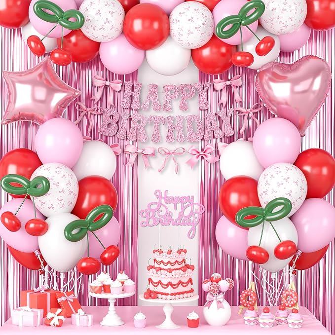 Cherry Birthday Decorations for Girl, Pink White Red Bows Balloons with 'HAPPY BIRTHDAY' Banner Fringe Curtains Heart Foil Balloons Cake Topper for Women Girls Birthday Party Decor