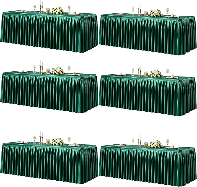 6 Packs Green Satin Tablecloths Rectangle 8FT, Glitter Spandex Fitted Stretch Table Covers Wrinkle-Free Floor Length Shimmer Table Skirt for Weddings Parties Baby Shower Banquets Vendor Events