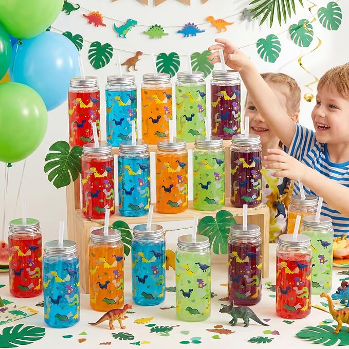 Skylety 30 Pcs Cartoon Dinosaur Plastic Cups with Lids and Straws 13.5 oz Summer Dinosaur Reusable Plastic Tumbler Hawaii Tropical Party Decor for Summer Holiday Women Birthday Party Supplies