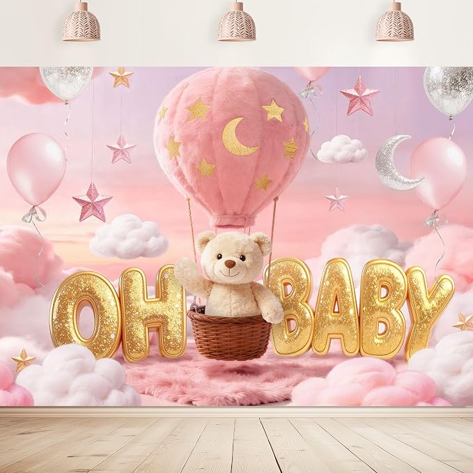 Oh Baby Bear Baby Shower Backdrop 7Wx5H Feet Pink Cartoon Hot Air Balloons Lovely Clouds Gold Stars Moon Polyester Girls Baby Shower Photography Backgrounds Photo Shoot Decor Props Decoration