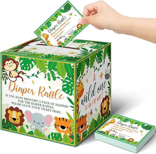 Teling 51 Pieces Diaper Raffle Tickets with Card Box Baby Shower Decorations Baby Shower Holder Box for Girl Boy Diaper Raffle Party(Jungle Animal)