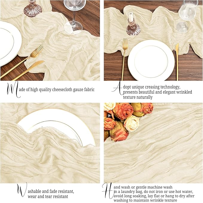 12 Pack Ivory Table Runner 10Ft Cheesecloth Table Runner Rustic Gauze Table Runners Romantic Long Cream Sheer Fabric Cheese Cloth Table Runners for Wedding Party Bridal Baby Shower