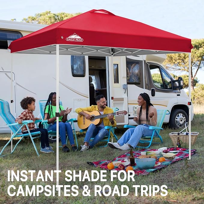 EAGLE PEAK Pop Up Canopy Tent with Wheeled Carry Bag, 8 Stakes, 4 Ropes, Easy Set Up Tent Canopy, 8x8 ft, Red