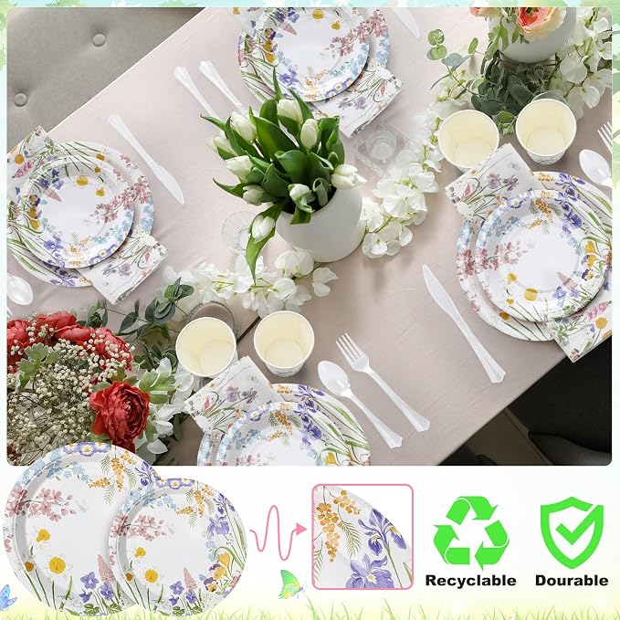 FillTouch 350 Pcs Wildflower Baby Shower Party Supplies Set Floral Bloom Disposable Paper Plates Flower Napkins Cups Knives Forks Spoons for 50 Guests Spring Summer Tea Party Birthday