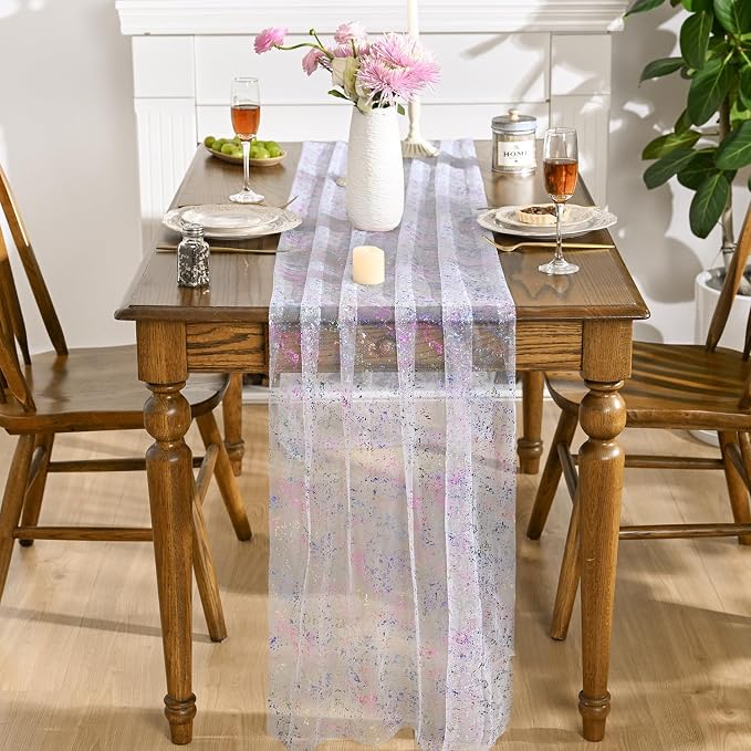 Artoid Mode 6PCS Colorful Gold Gauze Table Runner 120 Inch 10FT, Glitter Metallic Foil Sheer Dining Wedding Anniversary Holiday Birthday Table Decor for Home Party