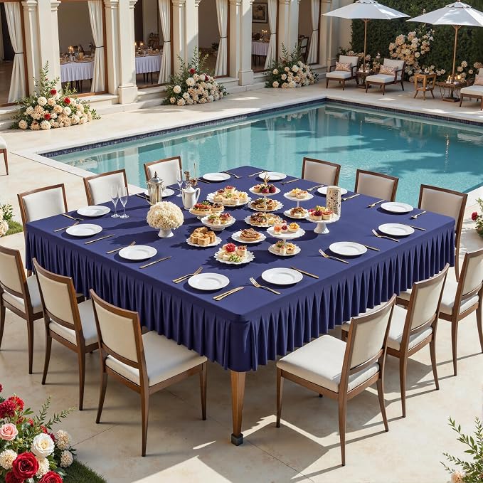 Wish Care Navy Blue Spandex Tablecloths for 60x60 Inch Square Tables, Stretch Fitted Table Clothes with Pleated Ruffle Skirt for 60” Table, Wrinkle Free and Elastic, for Party Kitchen Home Dining