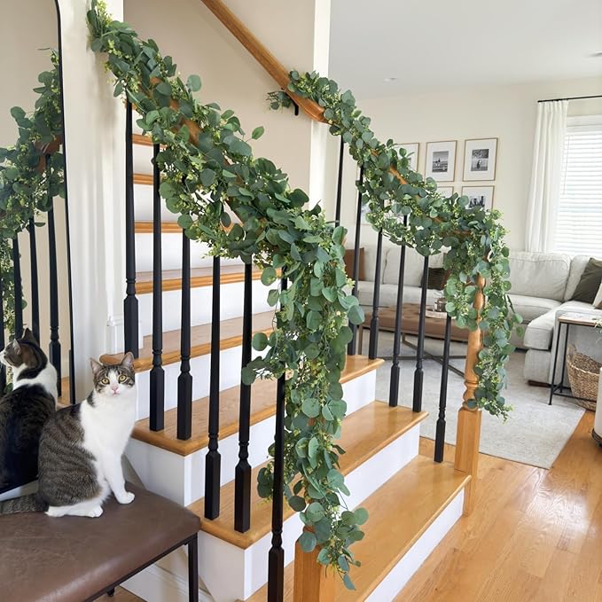 CQURE 7Pcs Eucalyptus Garland,Artificial Eucalyptus Leaves Table Greenery Garland Wreath Vines for Wedding Party Table Fireplace Bedroom Wall Room Decor