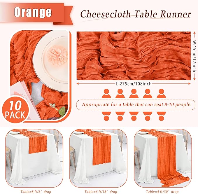 10 Pack Orange Cheesecloth Table Runner 17x108 Inch Semi Sheer Boho Rustic Gauze Cheese Cloth Table Runners for Wedding Party Birthday Baby Shower Home Décor