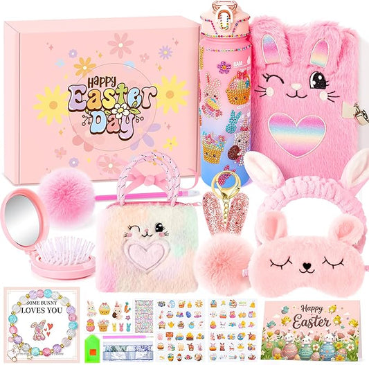 13PCS Easter Gifts Set for Girls Kids,Easter Basket for Girls,Birthday Gifts for Kids Gift Age 3 4 5 6 7 8 9 10 Basket with Stationery Plush Diary with Lock/Water Bottle/Crossbody Bag/Headband