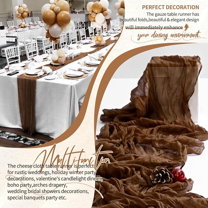 4 Pack Cheesecloth Table Runner 10FT Brown Table Runner Boho Gauze Cheese Cloth Table Runners Long Rustic Sheer Table Decorations for Wedding Party Baby Bridal Shower Birthday Holiday Home