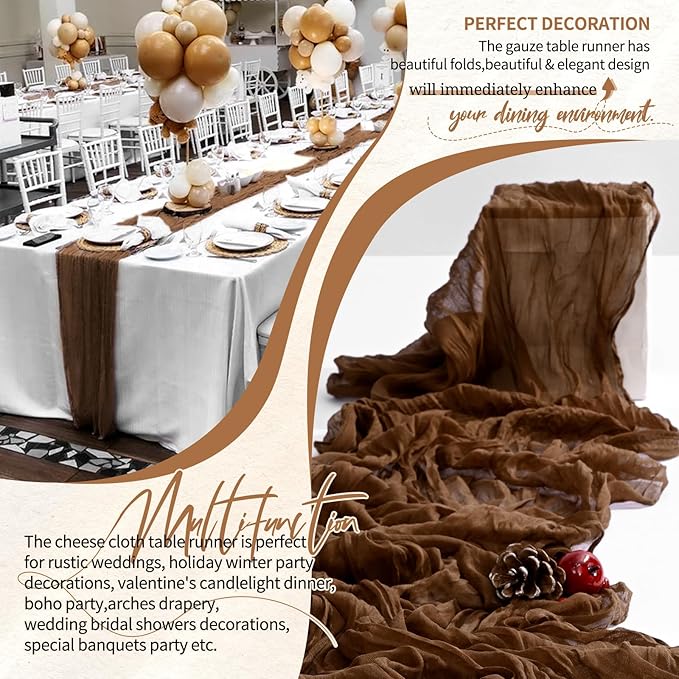 1 Pack Cheesecloth Table Runner 10FT Brown Table Runner Boho Gauze Cheese Cloth Table Runners Long Rustic Sheer Table Decorations for Wedding Party Baby Bridal Shower Birthday Holiday Home