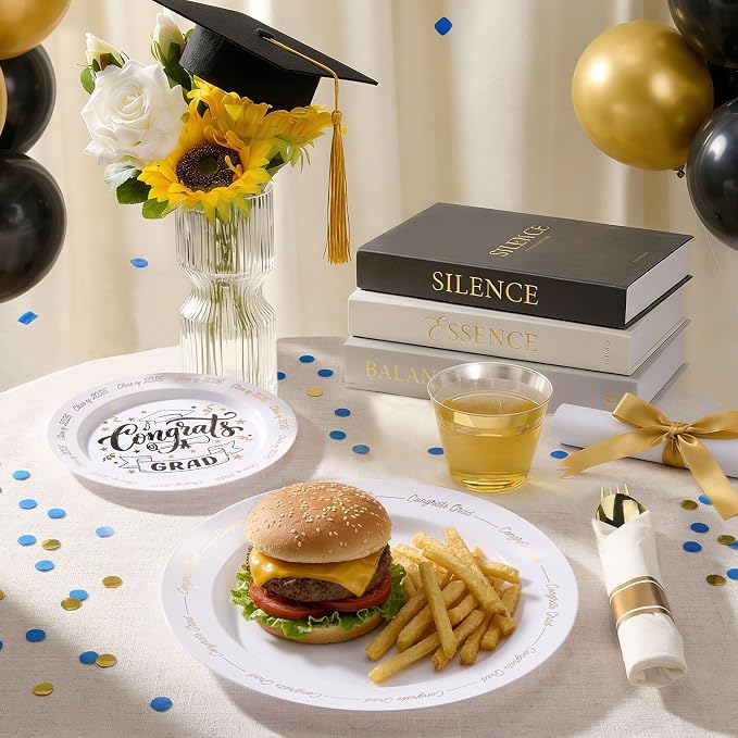 Goodluck 350 Piece Graduation Gold Plastic Dinnerware Set for 50 Guests, Congrats Grad Disposable Plates Include: 50 Dinner Plates, 50 Dessert Plates, 50 Cups, 50 Pre Rolled Napkins with Silverware