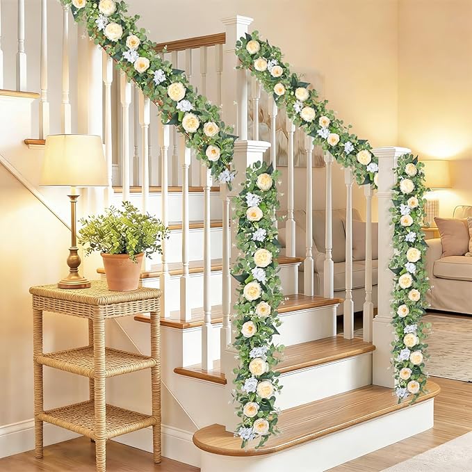 Betylifoy 2 Pack 12Ft Champagne Flower Garland Artificial Eucalyptus Flower Garlands Fake Peony Rose Floral Vines Hanging Hydrangea Flowers Faux Greenery Garland for Wedding Party Table Backdrop Decor