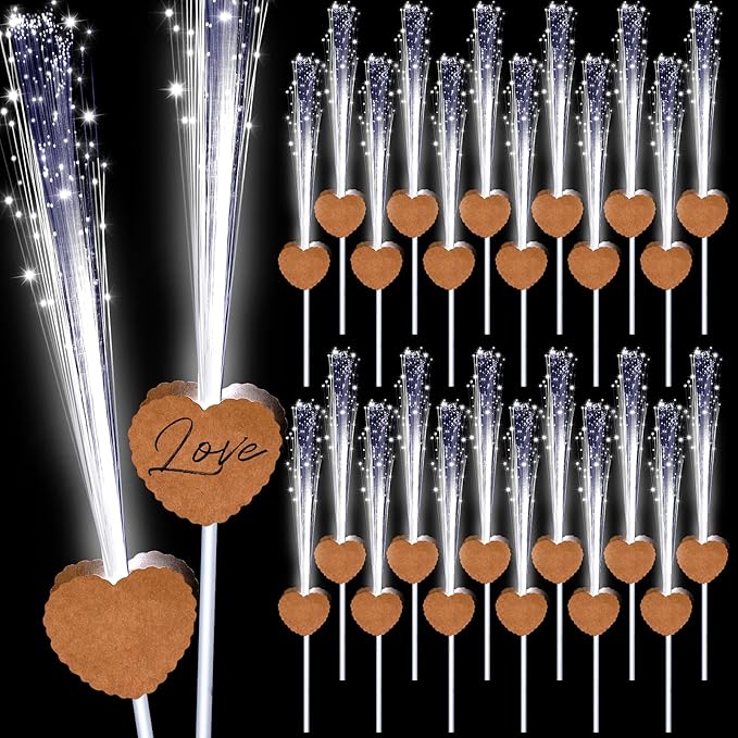 Tujoe 24 Pcs LED Wedding Sparklers Glow Sticks Heart Shape Long Fiber Optic Wands with 3 Light Modes for Send Off Reception Valentine Proposal Carnival Birthday Party Supplies Dance Floor Prop (Brown)