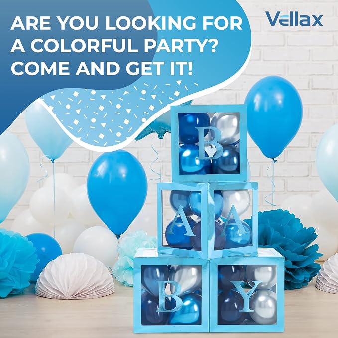44-Piece Baby Shower Decorations for Boy or Girl - 4 Boxes with Letters and 32 Balloons - Royal Navy Blue and White - Gender Reveal Party Supplies - Photo Shoot Backdrop