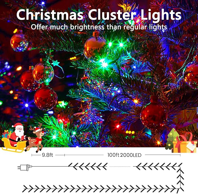 100FT 2000 LED Cluster Christmas Lights, Christmas Tree Lights Outdoor Indoor with 8 Modes & Timer & Remote, Firecrackers String Lights Waterproof for Garland Party Xmas Decorations, Multicolor