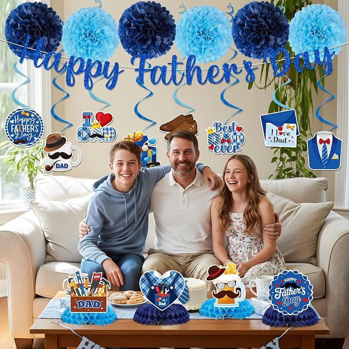 Fathers Day Party Decorations - 19PCS Happy Fathers Day Banners Hanging Swirls Honeycomb Centerpieces Pompoms Party Decor, I Love My Dad Father's Day Holiday Supplies