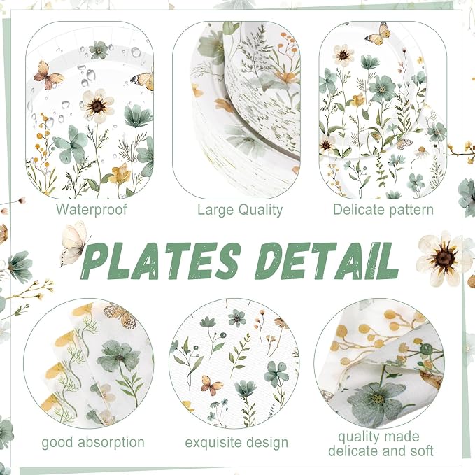 Ziliny 250 Pcs Wildflower Party Decorations Include Spring Summer Floral Paper Plates Napkins and Cups for Wildflower Baby Shower Tea Decorations, Serve 50 Guest (Green, Spring Style)