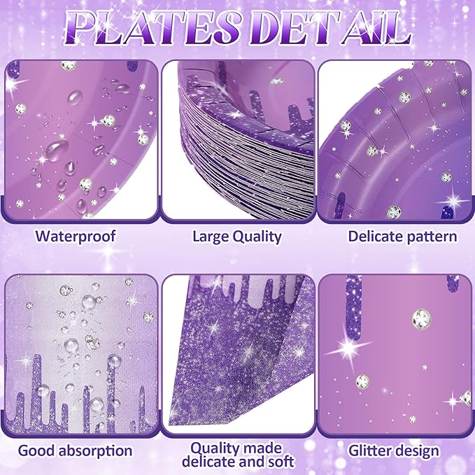400 Pcs Purple and Silver Birthday Party Supplies Disposable Paper Plates Purple Glitter Diamonds Napkins and Cups for Women Birthday Anniversary Wedding Party Decorations Supplies