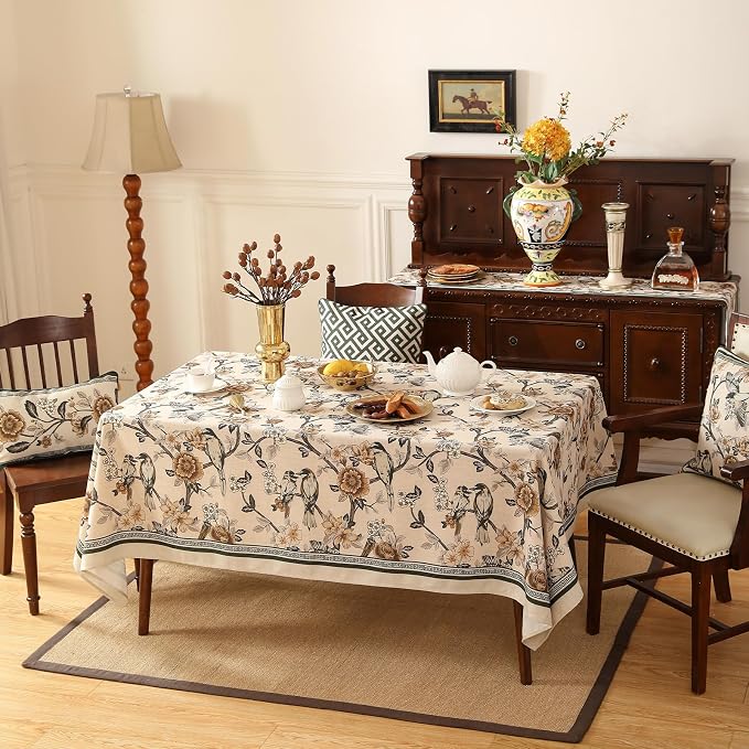 ISAENNE Designer Vintage Linen Square Small Tablecloth,55"x55"-Murad A | French Elegant Floral and Bird Pattern Beautiful Small Durable Table Cloth for Dining Tea Party Kitchen Thanksgiving,Decor
