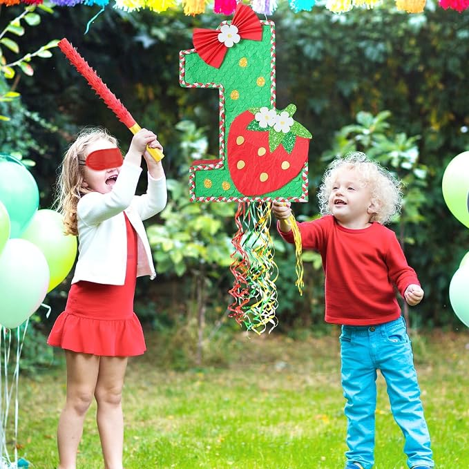 WERNNSAI Berry First Piñata - Sweet One Birthday Party Decorations Strawberry Party Game Number 1 Piñata for Baby Shower Theme Party Favor With Blindfold