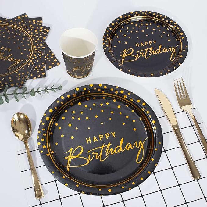175PCS Happy Birthday Disposable Dinnerware Set Party Supplies, Paper Black Gold Plates and Napkins with Gold Plastic Forks Knives Spoons Serve 25 Guests for Birthday Party Decoration