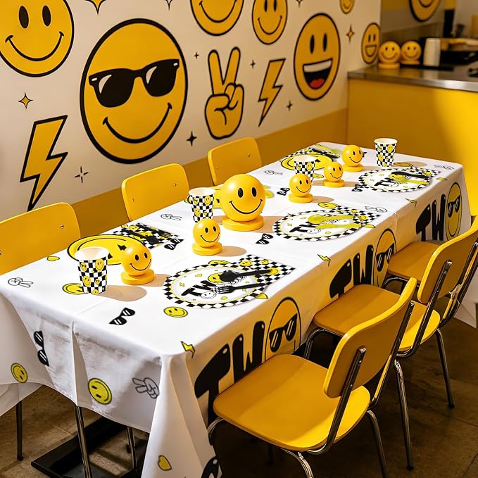 170Pcs Two Cool Birthday Party Supplies Yellow Smile Face Party Plates Napkins Cups Forks Knives Tablecloths Checkered Smile Face 2nd Tableware Set for 2nd Birthday Baby Shower Decorations Serves 24