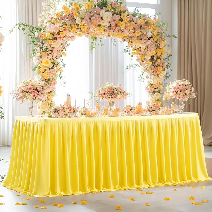 Wish Care 2 Pack Yellow Rectangle Table Clothes for 8 Foot Tables, Polyester Fitted Tablecloths 8ft Stretch Table Cover for Wedding, Birthday, Parties, Trade Show, Craft Show
