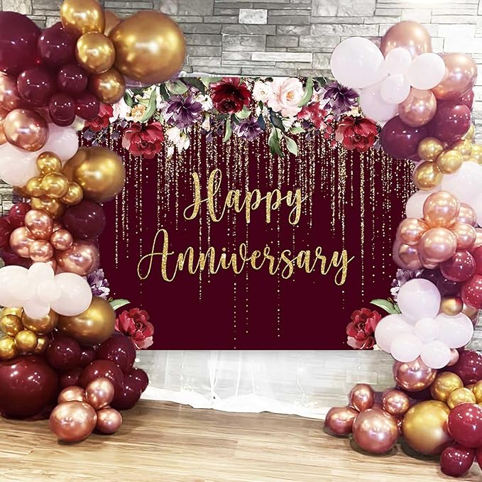 Happy Anniversary Backdrop Party Decorations, Burgundy Flower Wedding Anniversary Party Photography Background Couple Marriage Engagement Commemoration Day Banner Photo Shoot Props 7x5ft