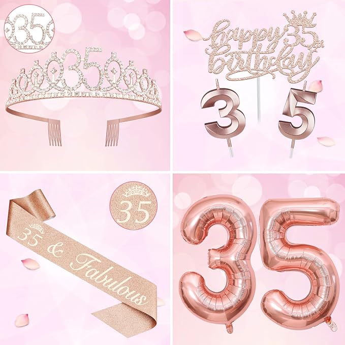 35th Birthday Decorations for Women, Including 35th Birthday Sash and Tiara, Cake Topper and Candles, Number Balloons, 35 Year Old Gifts for Women