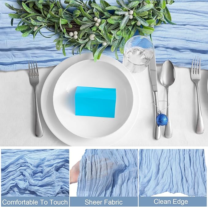 Foaincore 12 Pack Dusty Blue Cheesecloth Table Runner 13ft Boho Gauze Table Runner Rustic 157" Long Cheese Cloth Romantic for Spring Boho Wedding Bridal Baby Shower Arbor Decor