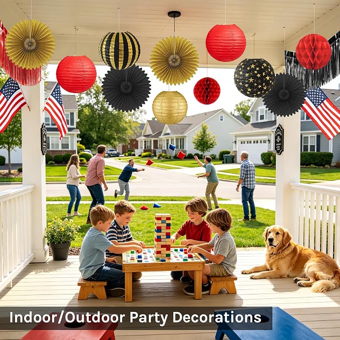 Red, Black & Gold Party Decorations for Birthday, Retirement, Graduation, Casino Night, Red Carpet, Hollywood Theme - Hanging Paper Lanterns, Fans & Streamers Set