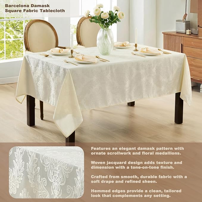 Newbridge Barcelona Luxury Damask Fabric Tablecloth, 70” x 70”, Square, Antique White, 100% Polyester, No Iron, Soil Resistant Dining Room, Party and Banquet Table Cover