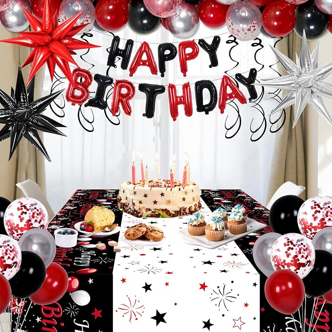 Red Birthday Decorations for Men Women Boys Girls, 91PCS Red Black and Silver Happy Birthday Decorations Kit- Happy Birthday Banner, Star Balloons Arch, Tablecloth, Fringe Curtain, Bday Party Supplies