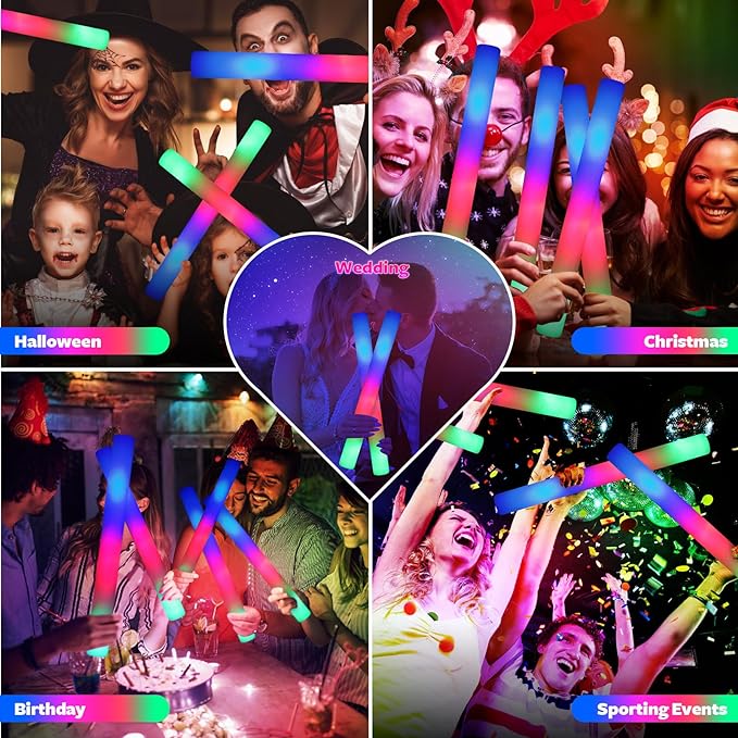 wellent 68 PCS LED Foam Glow Sticks Bulk, Glow in the Dark Party Supplies with 3 Modes Colorful Flashing, Neon Party Favors for Birthday, Wedding, Carnival, Concert, Halloween Glow Sticks