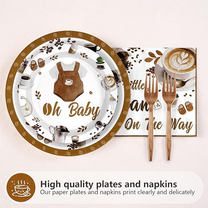 Grencian Coffee Baby Shower Decorations - 96Pcs A Baby Is Brewing Baby Shower Plates and Napkins Gender Reveal Disposable Tableware Set for Boys Girls Coffee Themed Party Decorations Serve 24