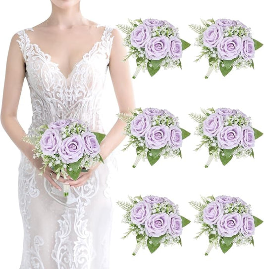 Artificial Bridesmaid Bouquets Set of 6 -7 Inch Pre-made Bridesmaid Bouquets Lilac Silk Rose Bouquet Handmade for Wedding Holding Flowers, Bridal Shower Wedding Centerpiece Ceremony and Anniversary