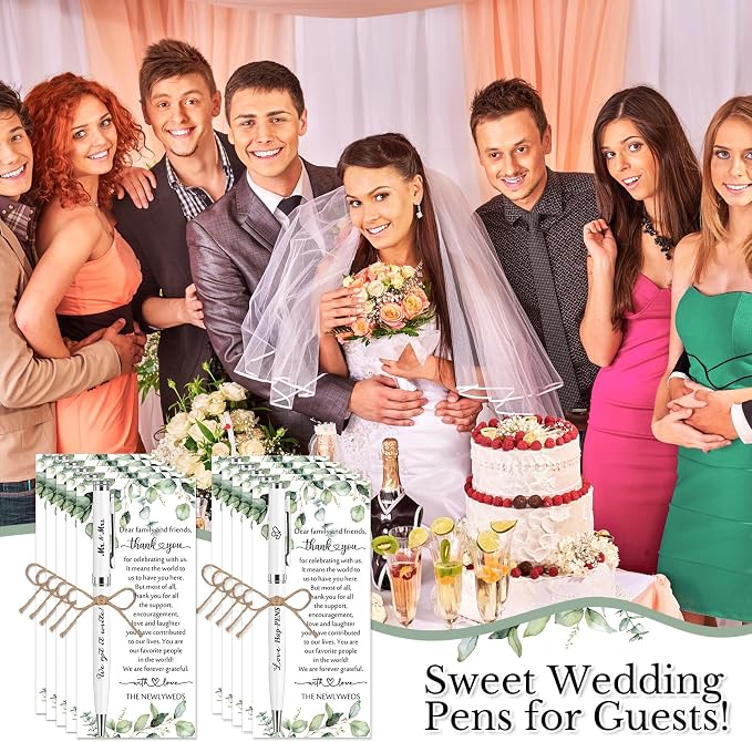 Affrolling 50 Sets Wedding Favors for Guests Bulk Retractable Ballpoint Pen Thank You Cards with Bridal Shower Gift for Guest Wedding Souvenirs Newlyweds Party Supplies (Leaf,Hemp Rope)